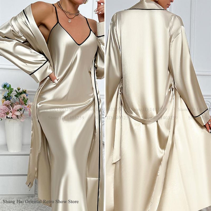 Robe Silk Women - Сексуальный длинный комплект-двойной халат, сорочка, ночная